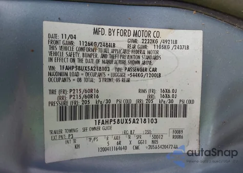 2005 Ford Taurus Se from USA, damaged, VIN 1FAHP58UX5A218103